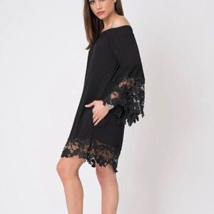 MUCHE ET MUCHETTE Jolie Flower Mini Swing Dress Off Shoulder OS Black Lace